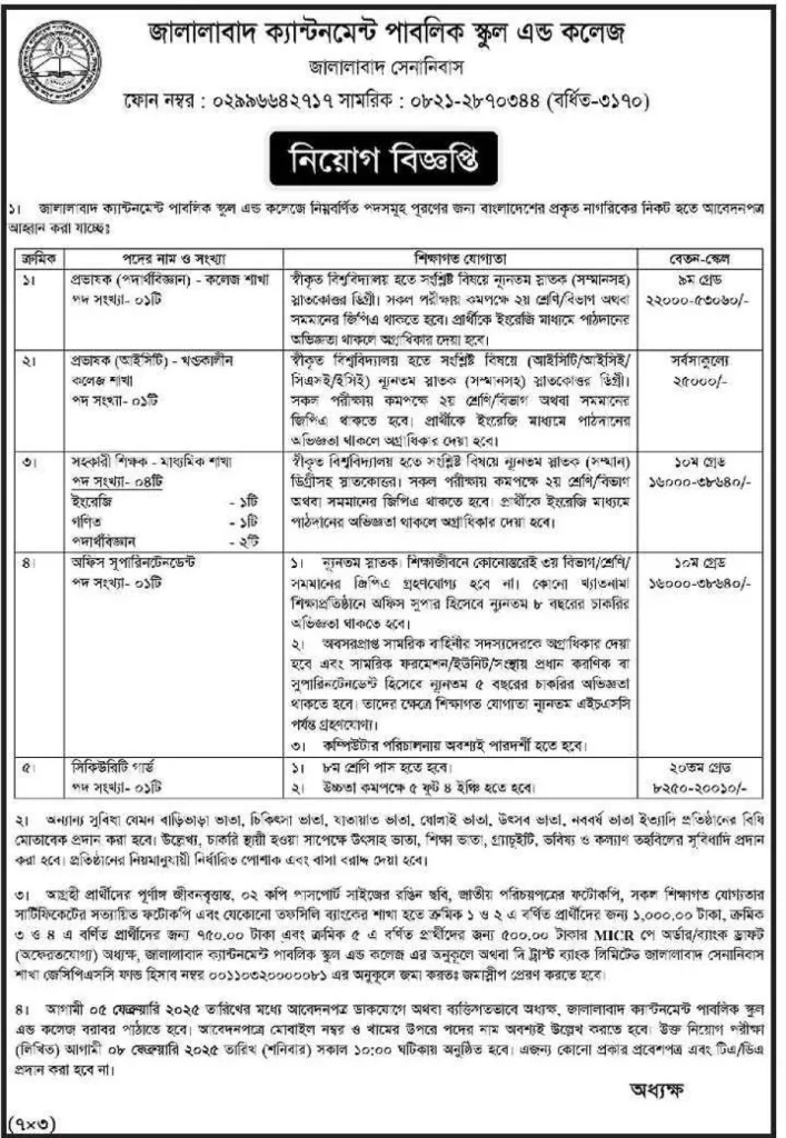 জালালাবাদ ক্যান্টনমেন্ট পাবলিক স্কুল এন্ড কলেজে নিয়ােগ বিজ্ঞপ্তি