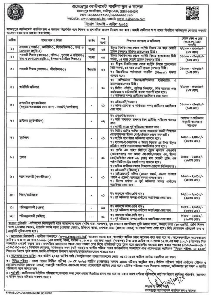 রাজেন্দ্রপুর ক্যান্টনমেন্ট পাবলিক স্কুল এন্ড কলেজে ২৩ পদে নিয়ােগ