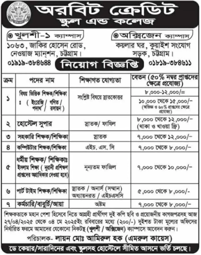 অরবিট ক্রেডিট স্কুল এন্ড কলেজে নিয়োগ